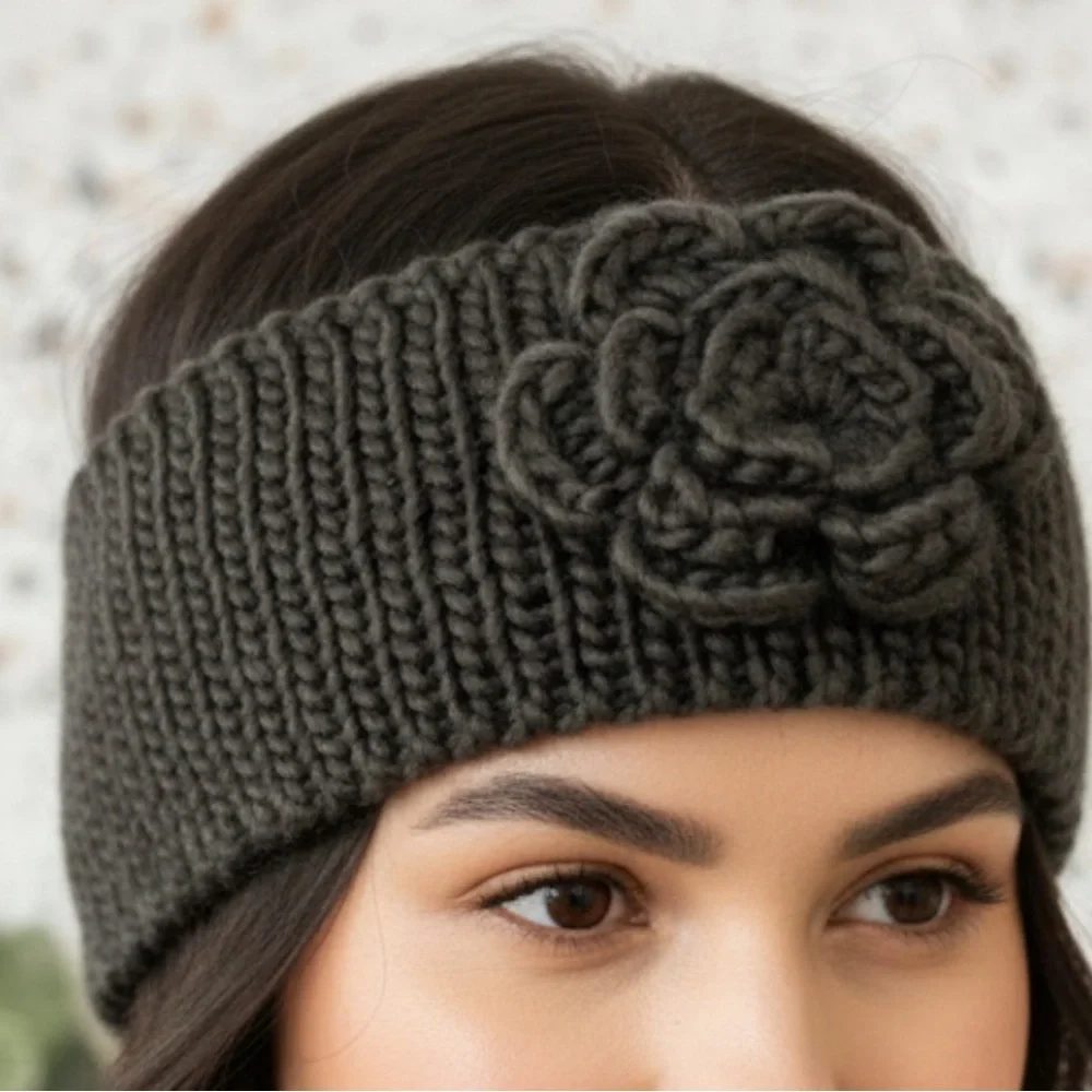 Handmade Knit Floral Headband Gray Winter Ear Warmer Academic Cozy Flower NEW